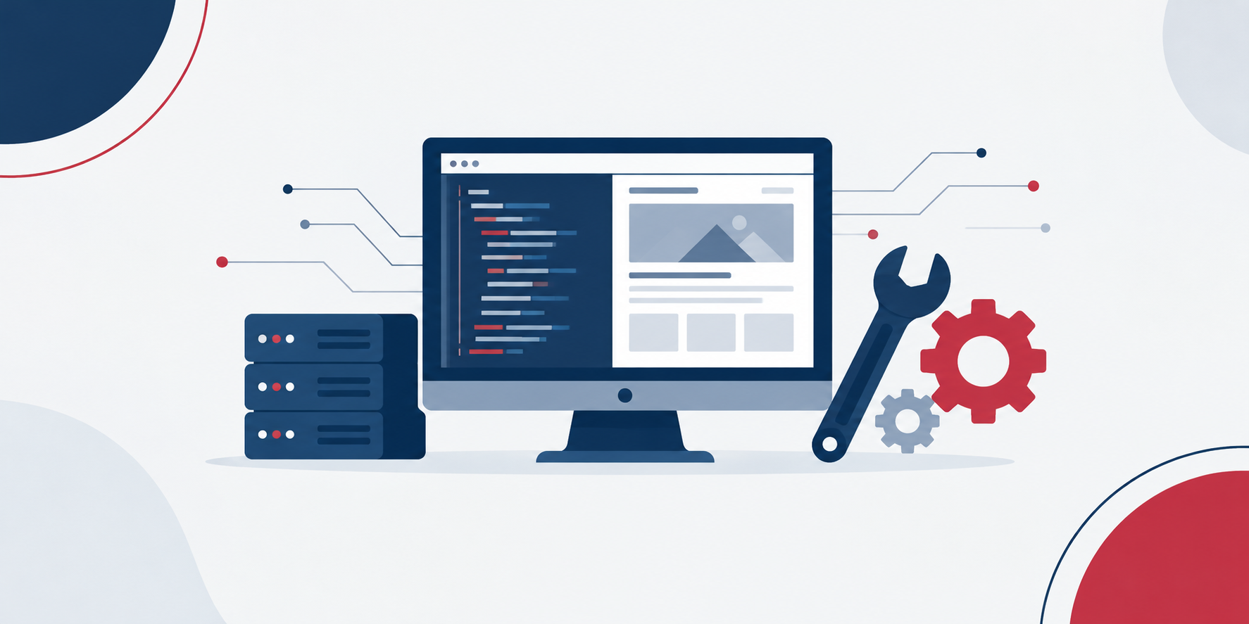 Illustration d’un ordinateur, de serveurs et d’outils symbolisant la maintenance informatique